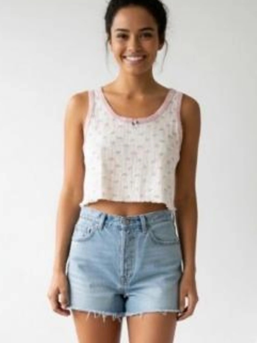 Messy Bun Just Chillin' Pointelle Scoop Neck Cropped Tank Lettuce Hem Blue Sz XL - Picture 2 of 9